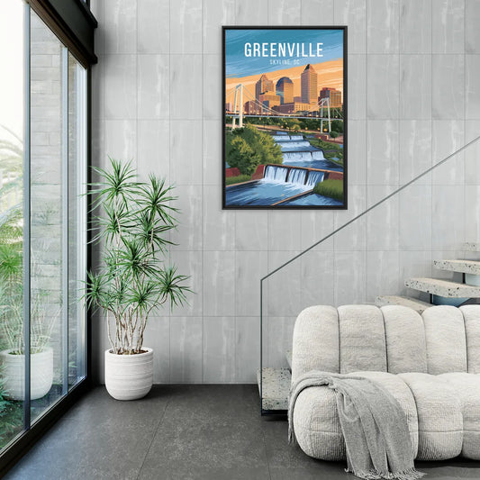Greenville Skyline at Sunset - Living Room Black Frame Canvas