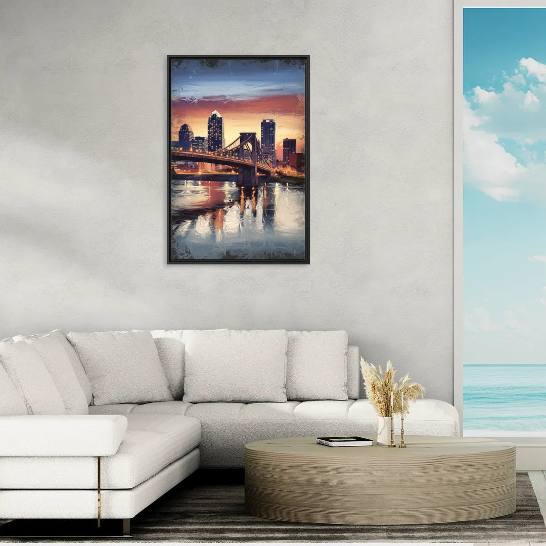 Cincinnati Skyline with River Reflection - Living Room Black Frame Canvas