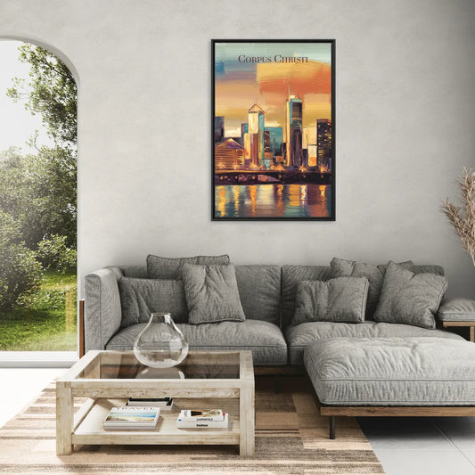 Corpus Christi Skyline View - Living Room Black Frame Canvas