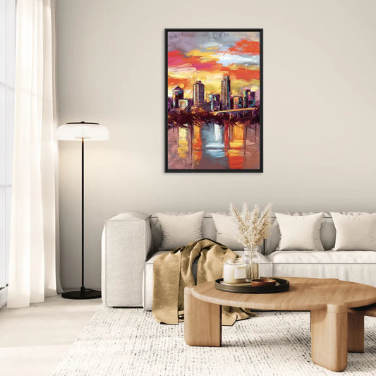 Austin Sunset Over Skyline - Living Room Black Frame Canvas