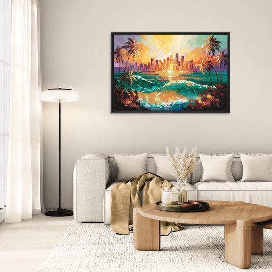 Los Angeles Sunset Over The Ocean - Living Room Black Frame Canvas