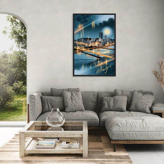 Pittsburgh Skyline and Map - Living Room Black Frame Canvas