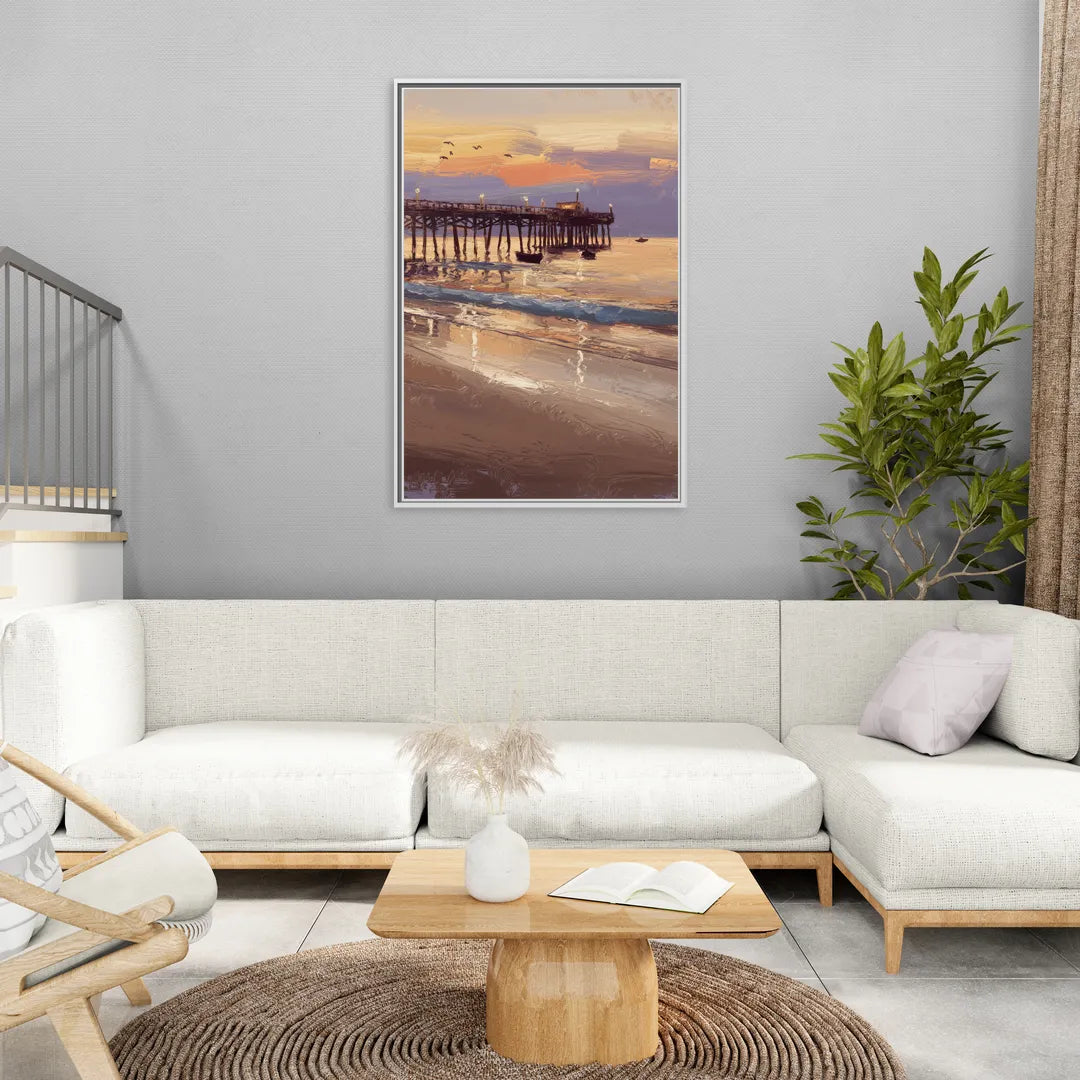Naples Pier at Twilight - Living Room White Frame Canvas