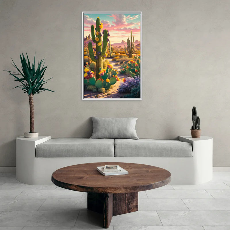 Phoenix Cactus Scene - Living Room White Frame Canvas