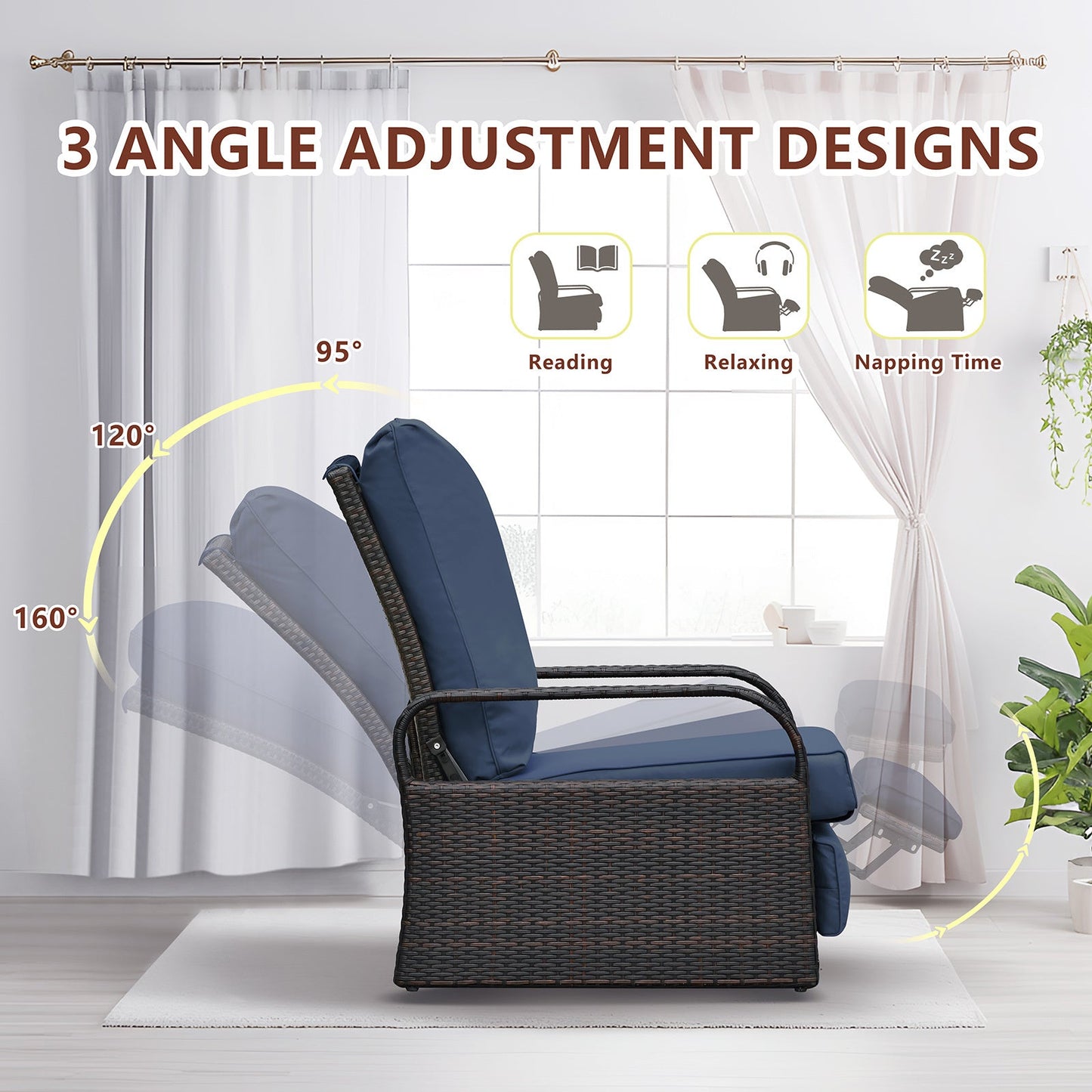 Outdoor Wicker Recliner – Adjustable Patio Lounge Chair with Cushions