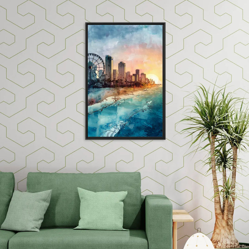 Myrtle Beach Coastal Skyline - Living Room Black Frame Canvas