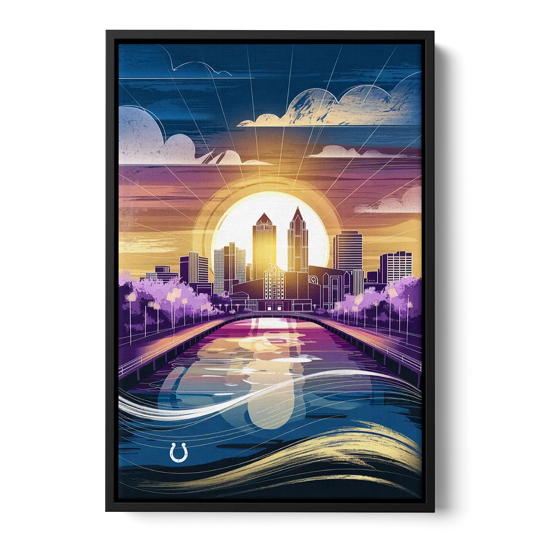 Indianapolis Skyline with Colts Theme - Black Frame Canvas