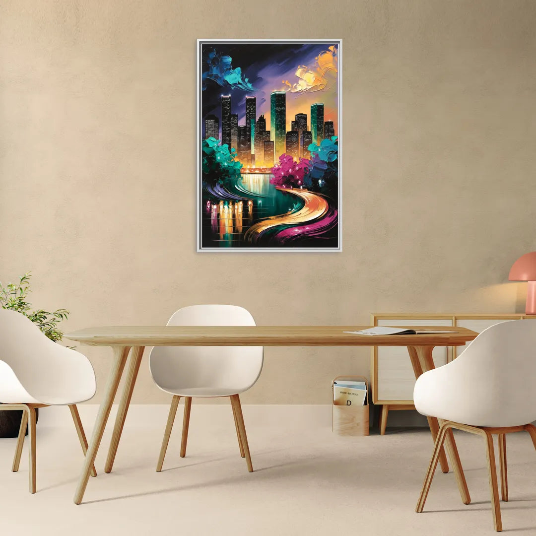 Houston Vibrant Nights - Living Room White Frame Canvas