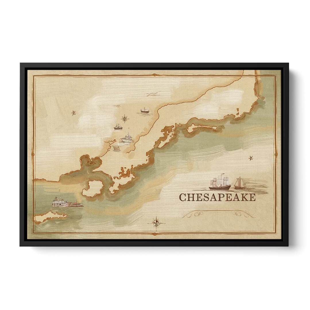Chesapeake Bay Map Elegance - Black Frame Canvas