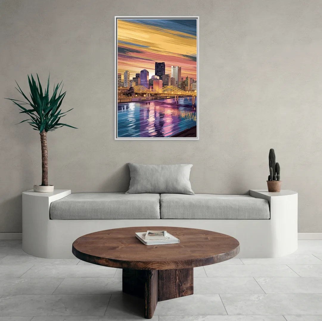 Pittsburgh Skyline Reflection - Living Room White Frame Canvas