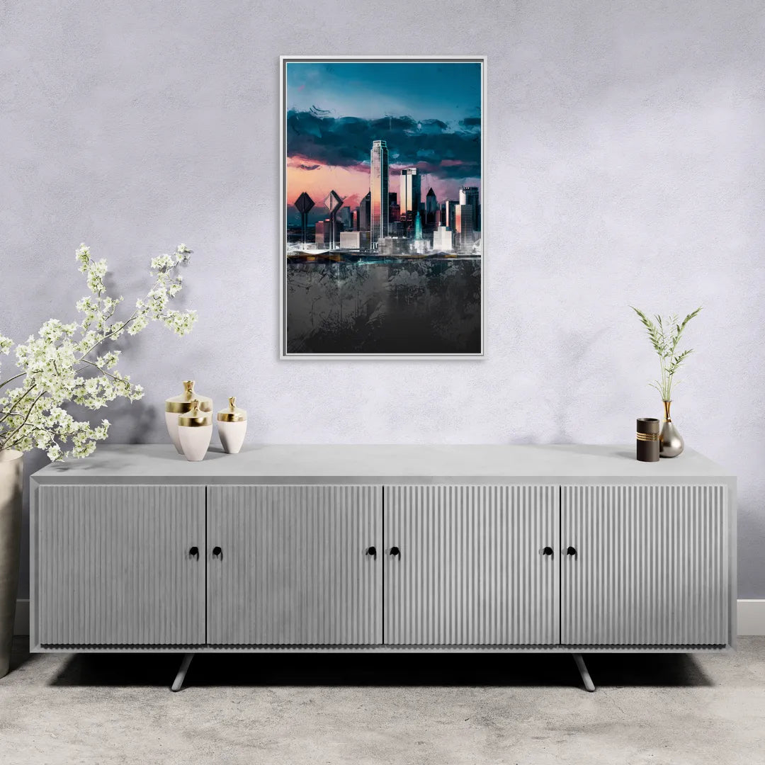 Dallas Cityscape Panorama - Living Room White Frame Canvas