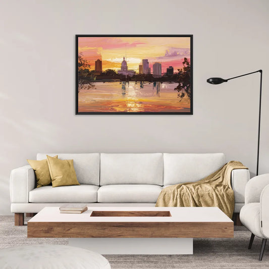 Baton Rouge Skyline Sunset - Living Room Black Frame Canvas