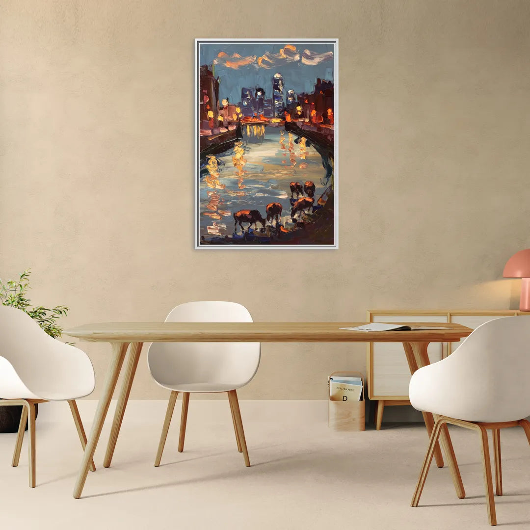 Buffalo Canalside at Night - Living Room White Frame Canvas