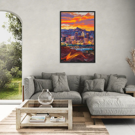 Phoenix Vibrant City Life - Living Room Black Frame Canvas