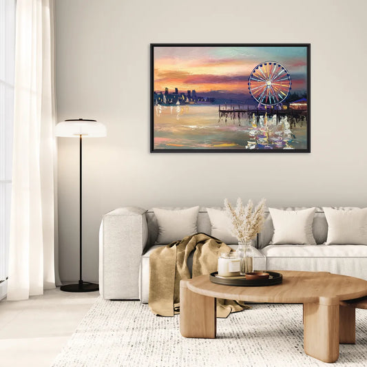 Seattle Harbor With Ferris Wheel - Living Room Black Frame Canvas