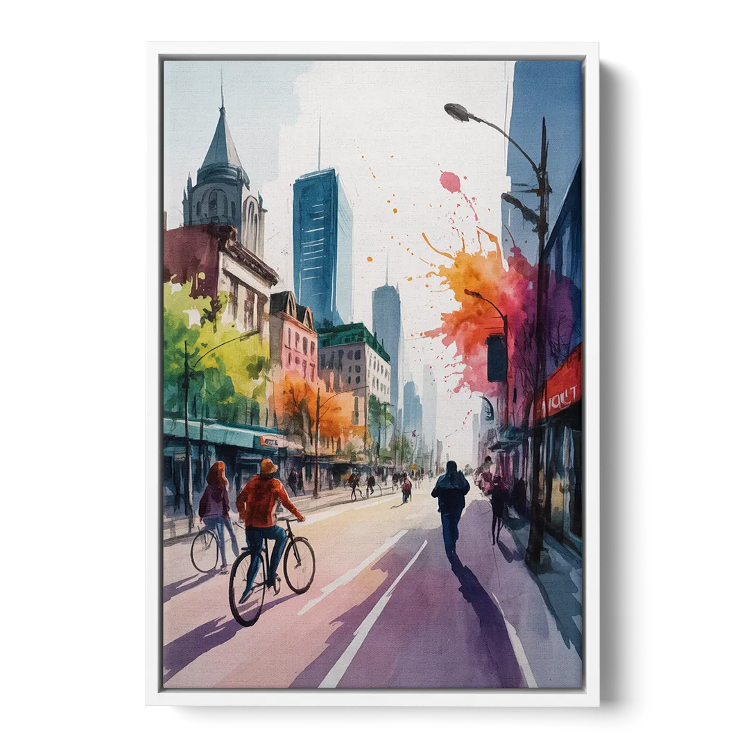 Montreal Street Life - White Frame Canvas