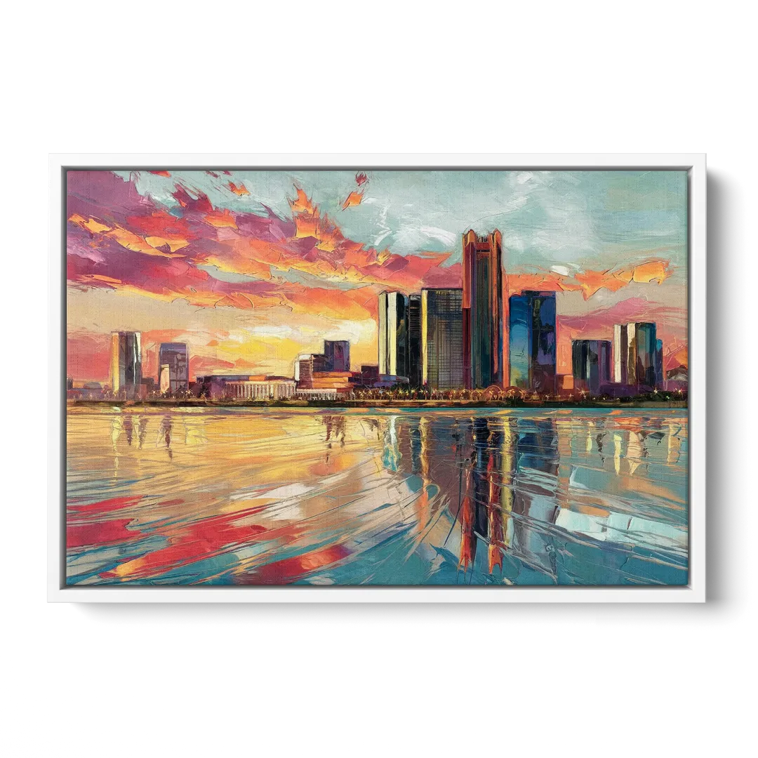 Detroit Skyline At Sunset - White Frame Canvas