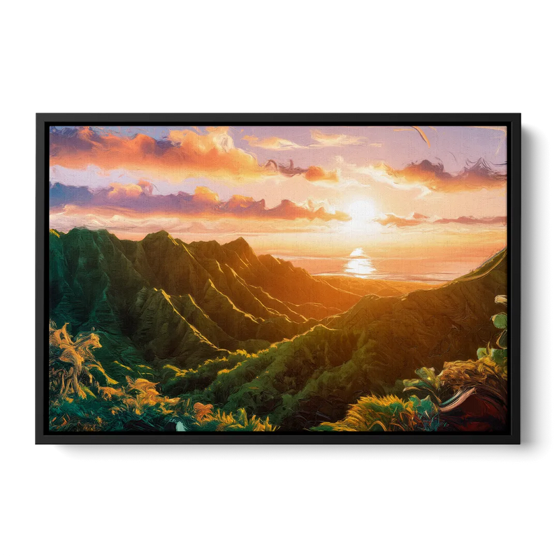 Honolulu Sunset Over Mountains - Black Frame Canvas
