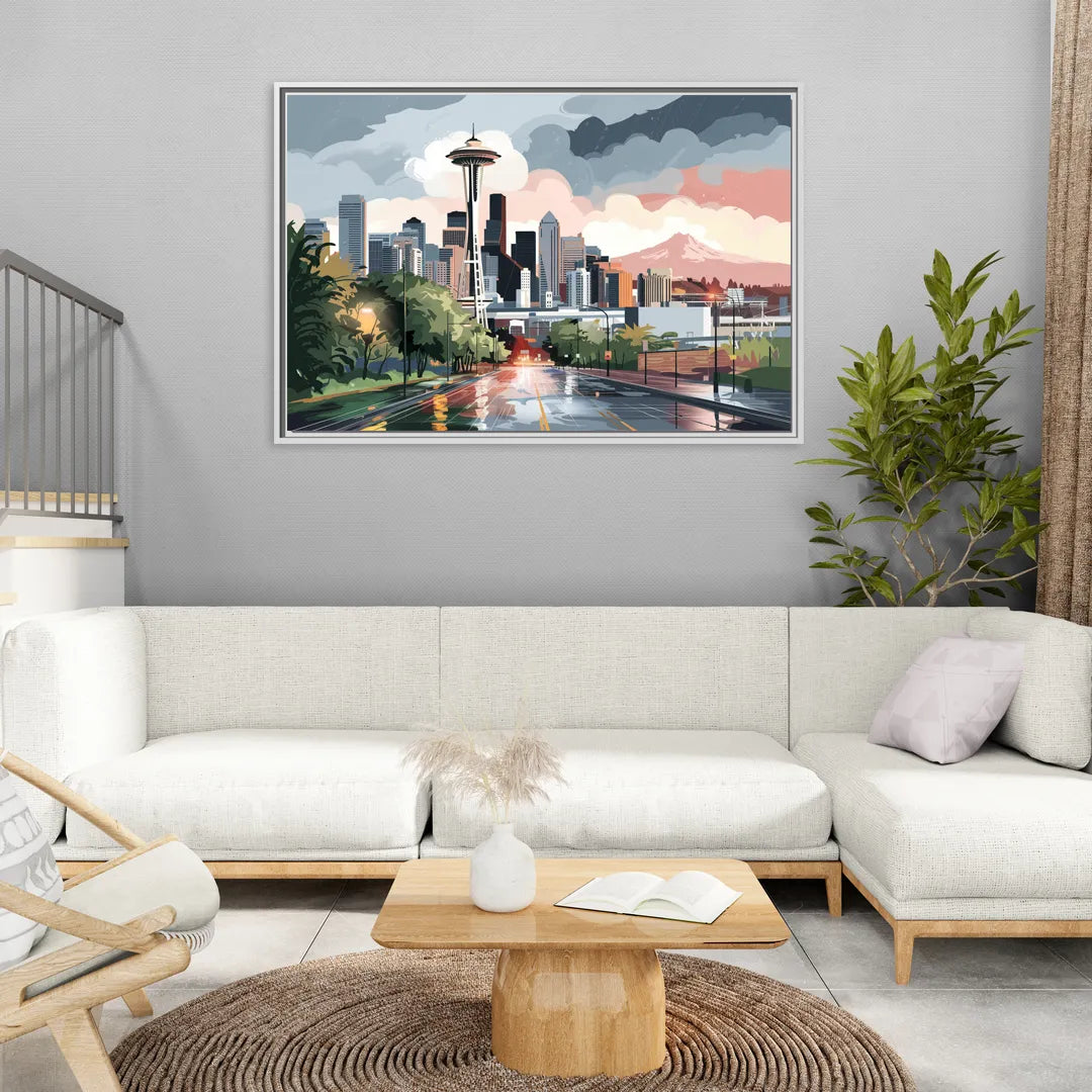 Seattle Rainy Day Skyline - Living Room White Frame Canvas
