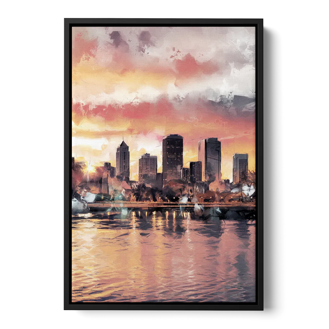 Buffalo Skyline at Sunset - Black Frame Canvas