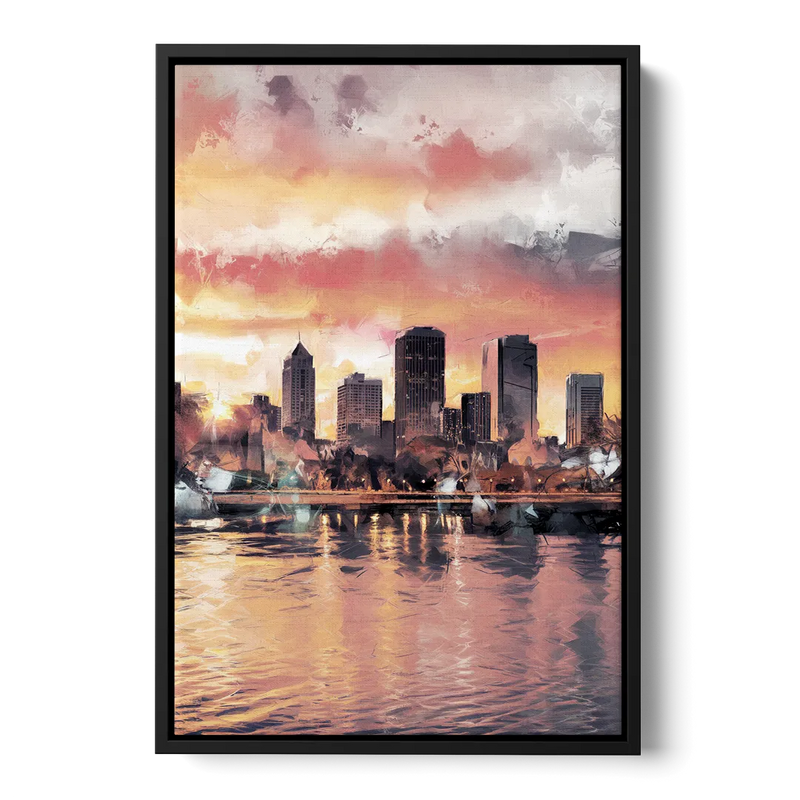 Buffalo Skyline at Sunset - Black Frame Canvas