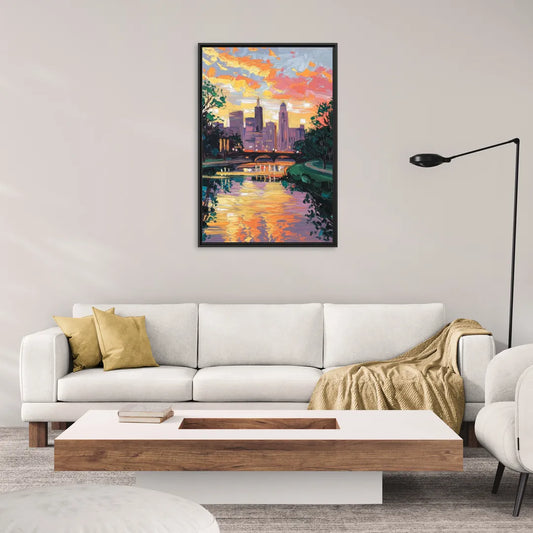 Augusta Sunset Over Skyline - Living Room Black Frame Canvas