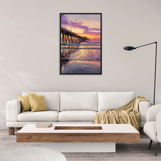 Long Beach Pier at Sunset - Living Room Black Frame Canvas