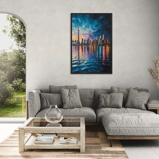 Toronto Skyline at Night Watercolor - Living Room Black Frame Canvas