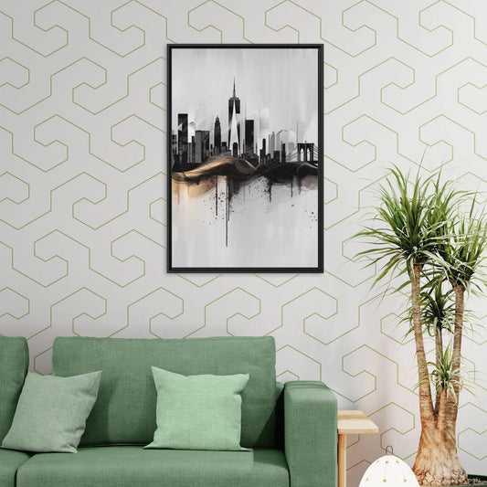New York City Skyline Black Ink Style Minimalist - Living Room Black Frame Canvas