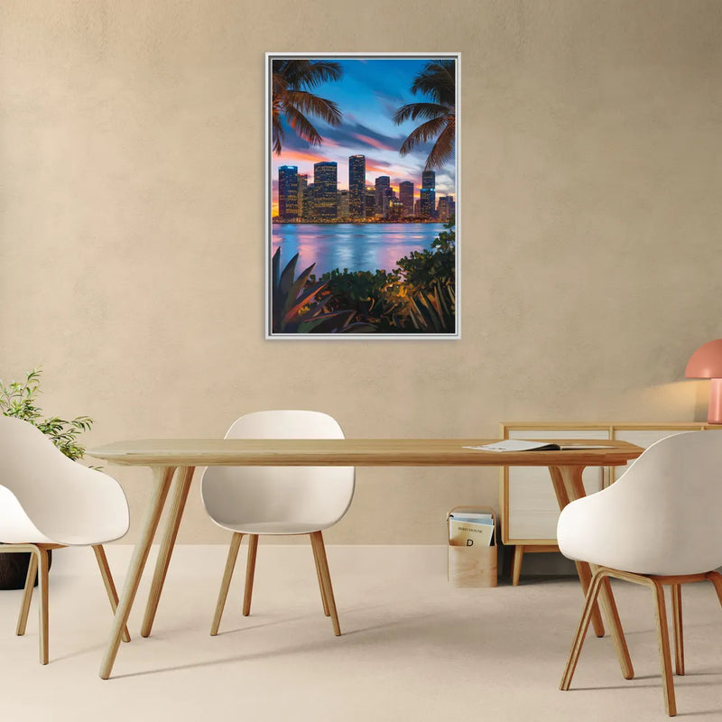 Miami Waterfront Skyline - Living Room White Frame Canvas