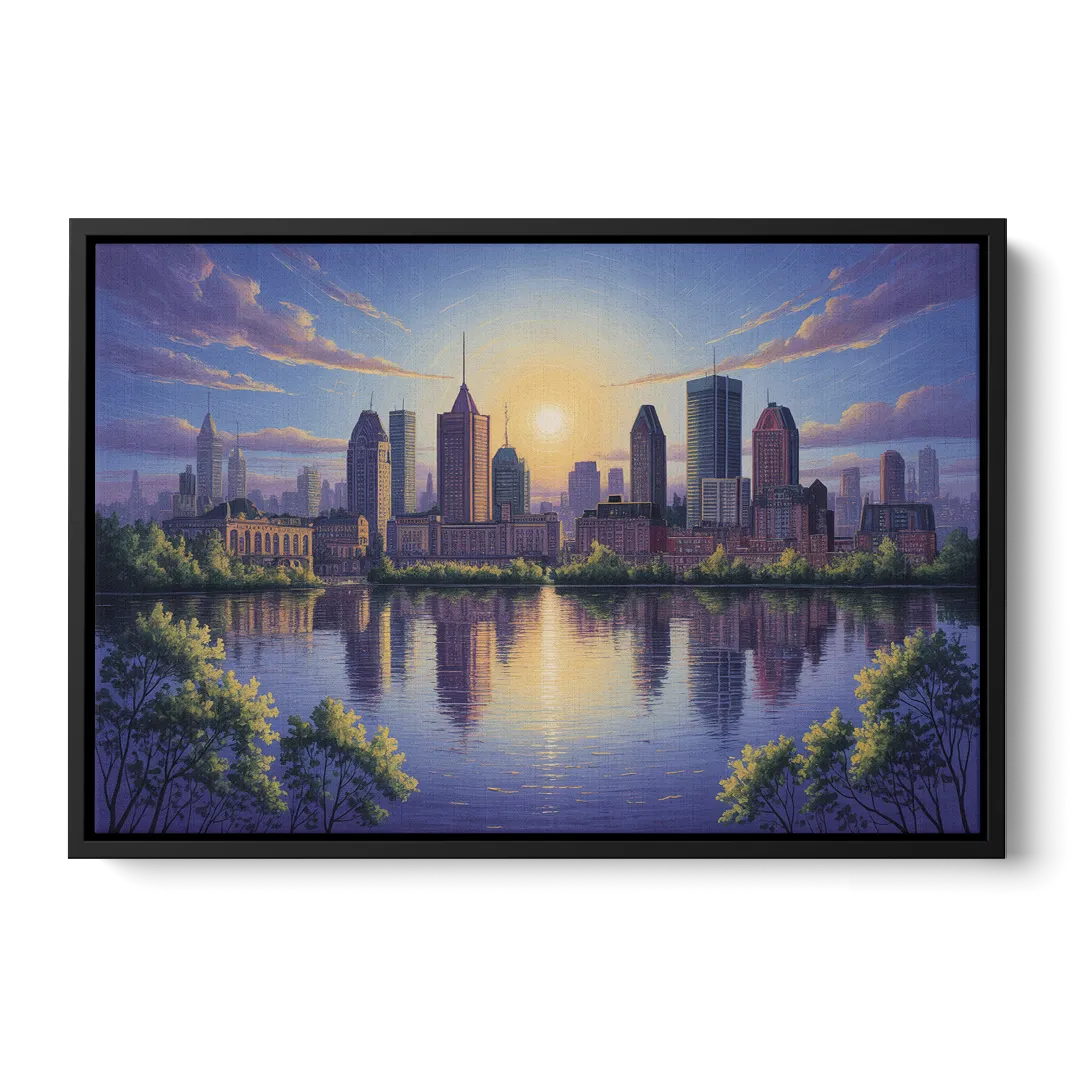 Montreal Skyline Reflections - Black Frame Canvas