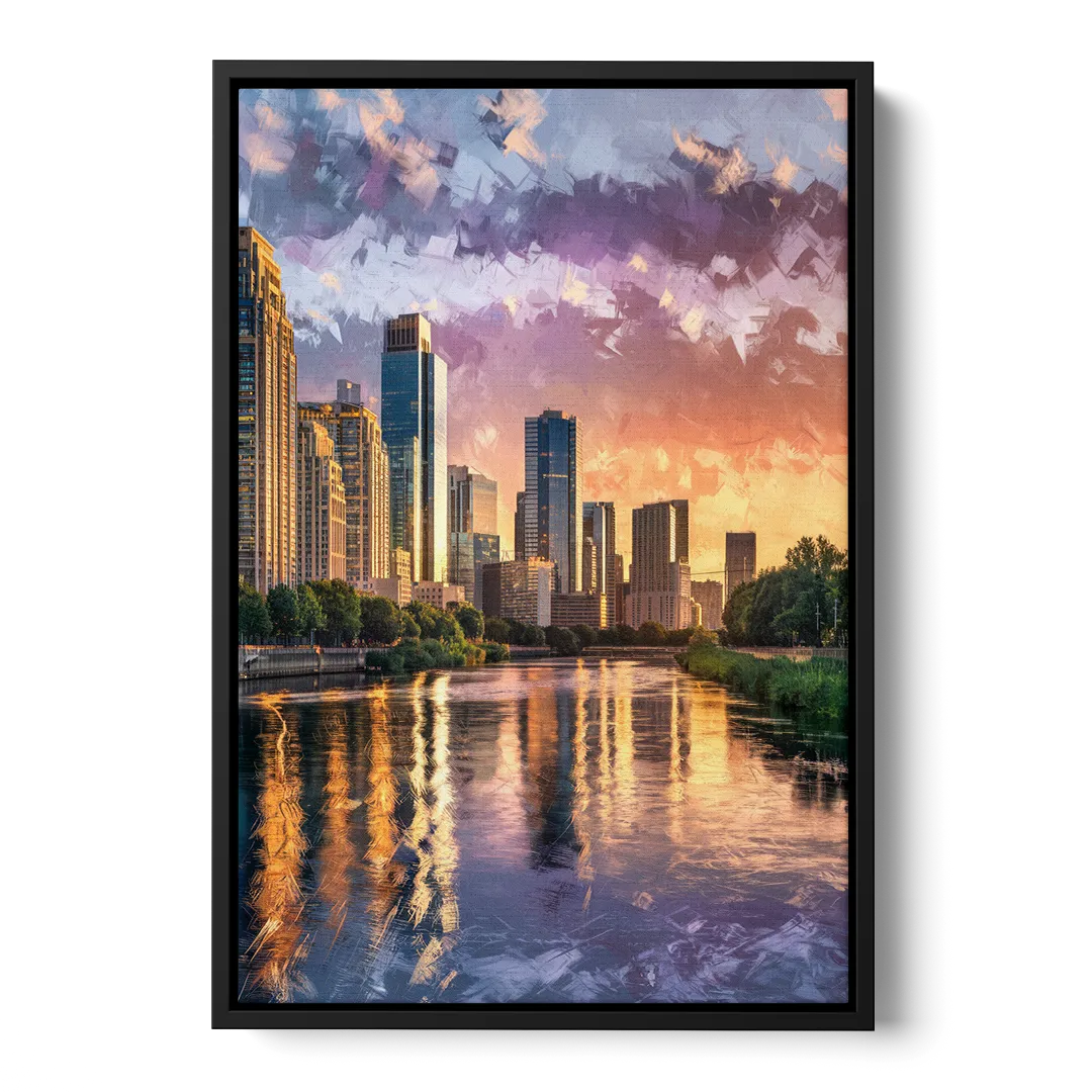 Riverside Modern Cityscape - Black Frame Canvas