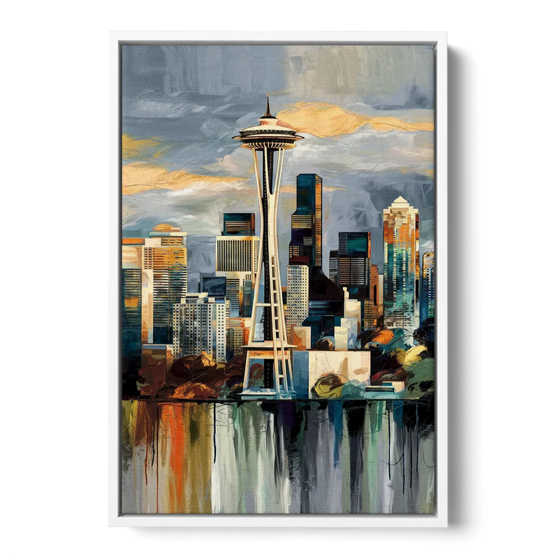 Seattle Skyline Panorama - White Frame Canvas