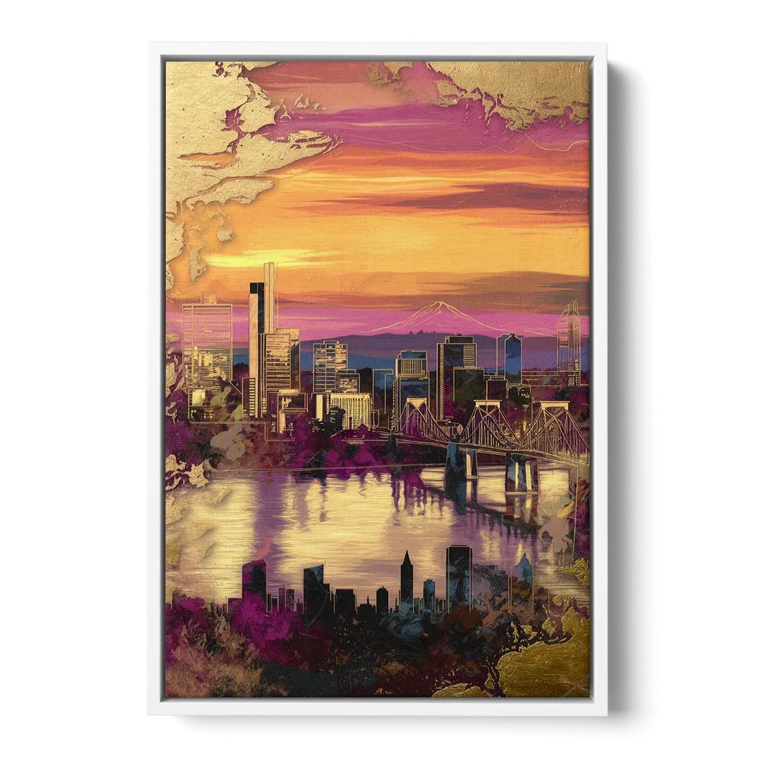 Portland Skyline Sunset - White Frame Canvas