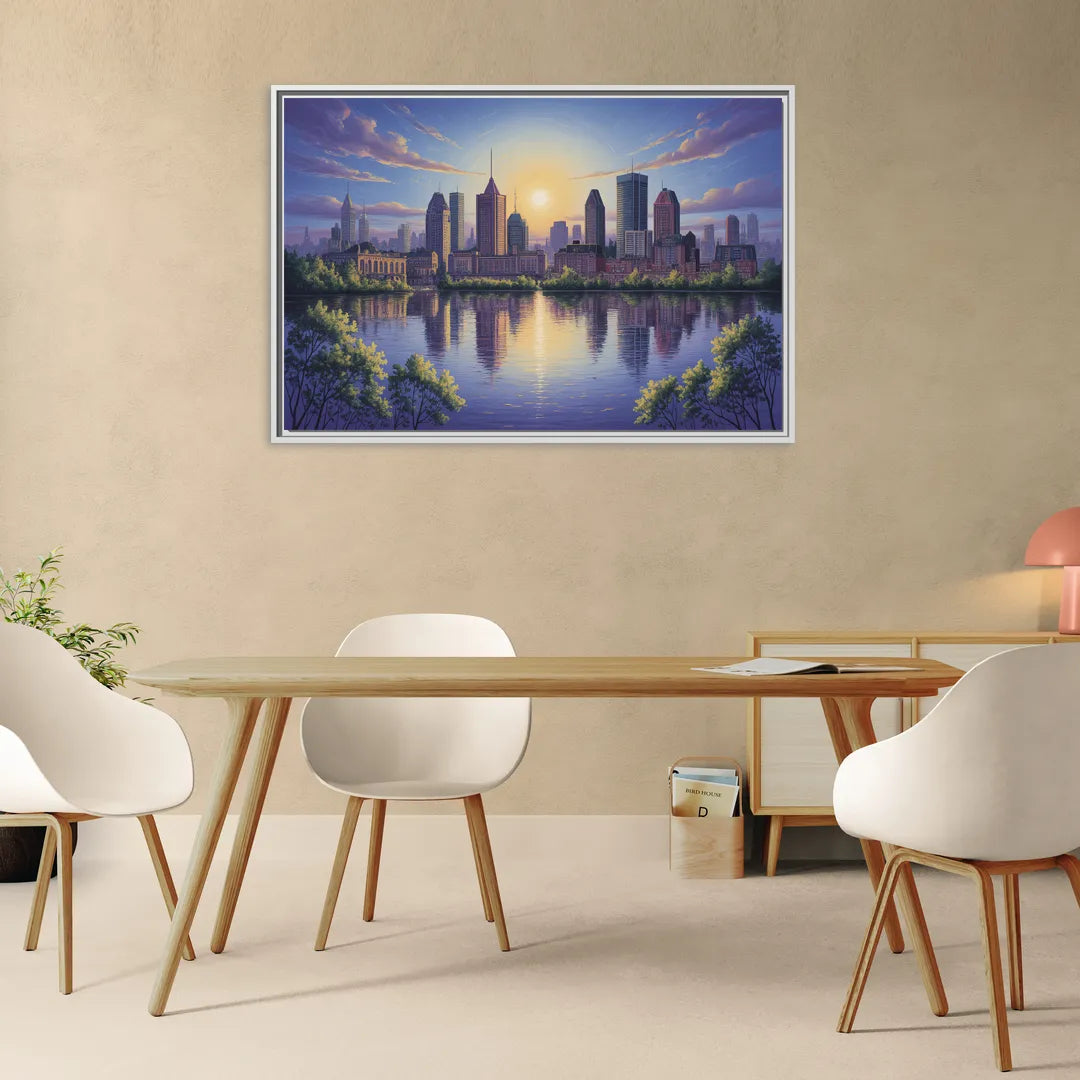 Montreal Skyline Reflections - Living Room White Frame Canvas