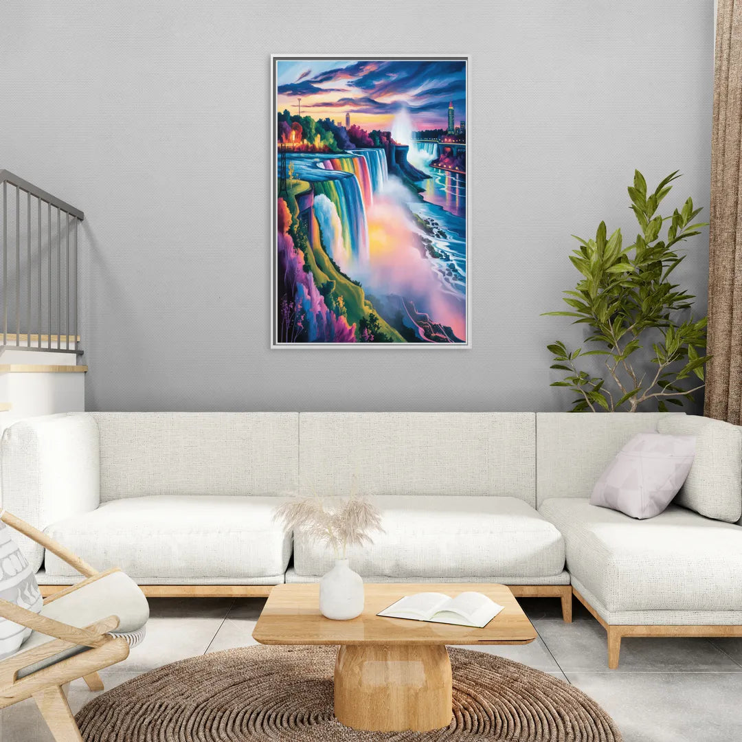 Niagara Falls Rainbow Light - Living Room White Frame Canvas