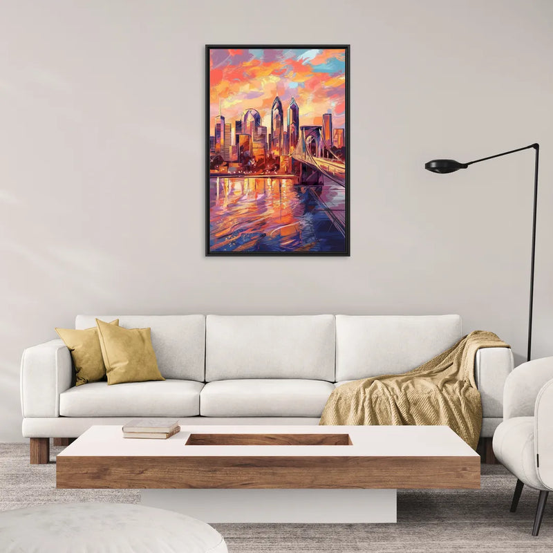 Philadelphia Skyline at Sunset - Living Room Black Frame Canvas