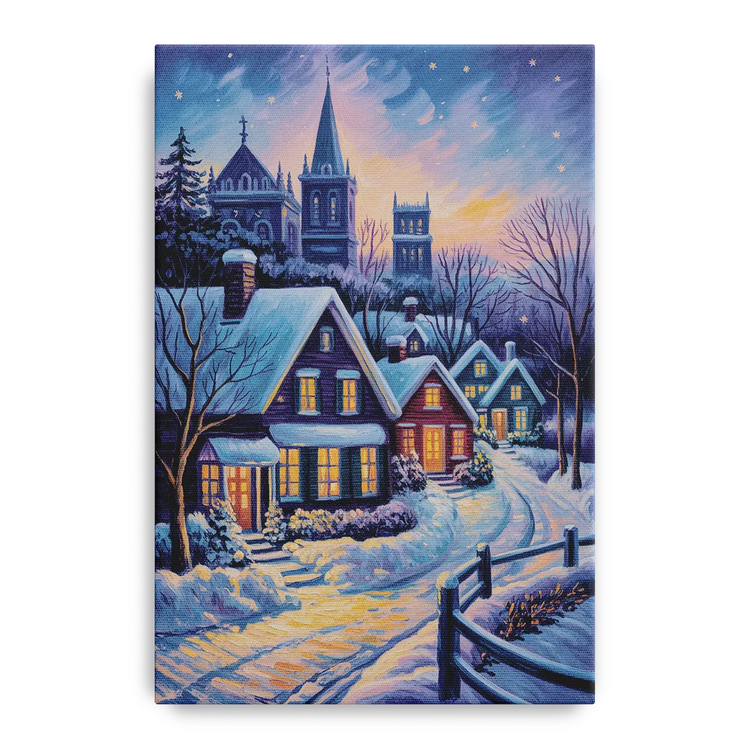 Quebec Snowy Village Scene - Canvas Wall Art