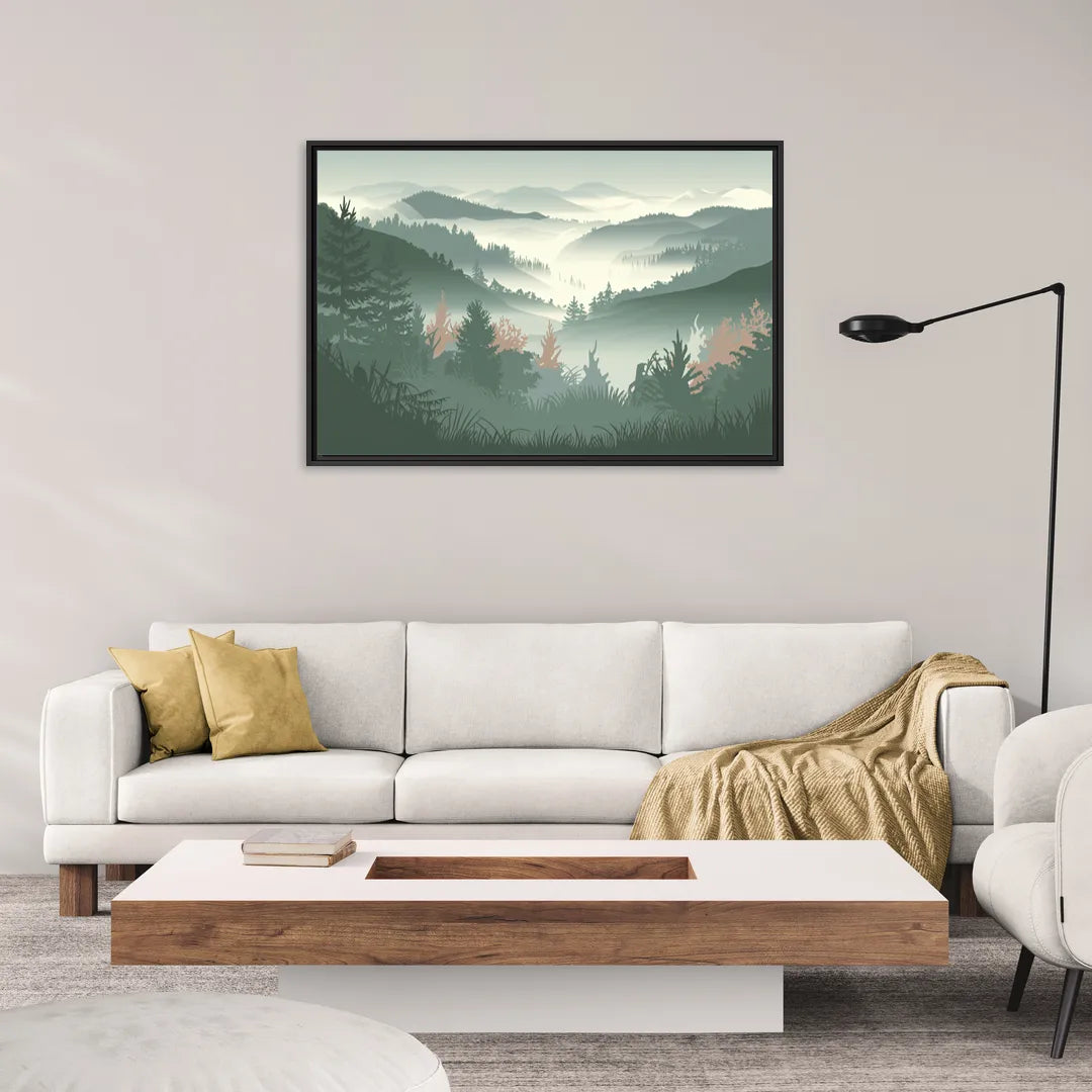 Gatlinburg Misty Mountain Landscape - Living Room Black Frame Canvas