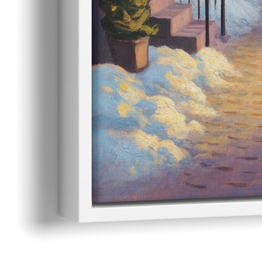 Petit Champlain Winter Quebec - Close-Up White Frame Canvas