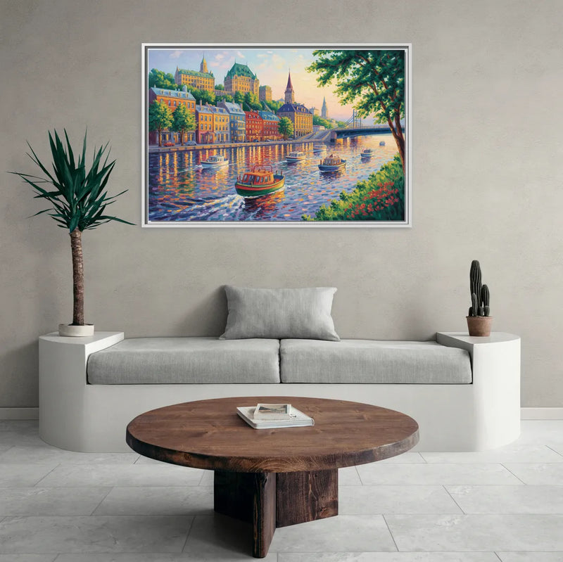 Quebec City Riverfront - Living Room White Frame Canvas