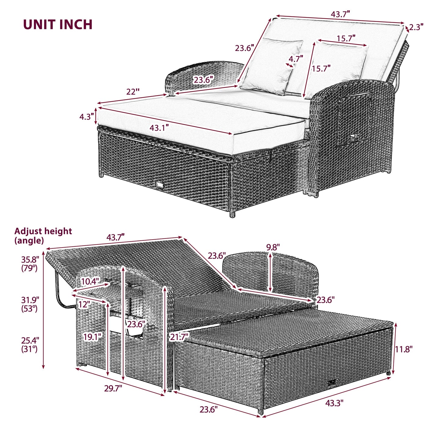 Elegant PE Wicker Double Chaise Lounge - 2-Person Patio Daybed with Recliner