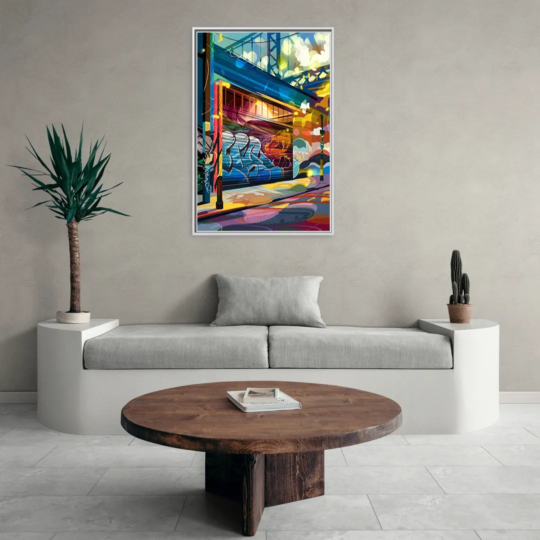Oakland Street Art Scene - Living Room White Frame Canvas