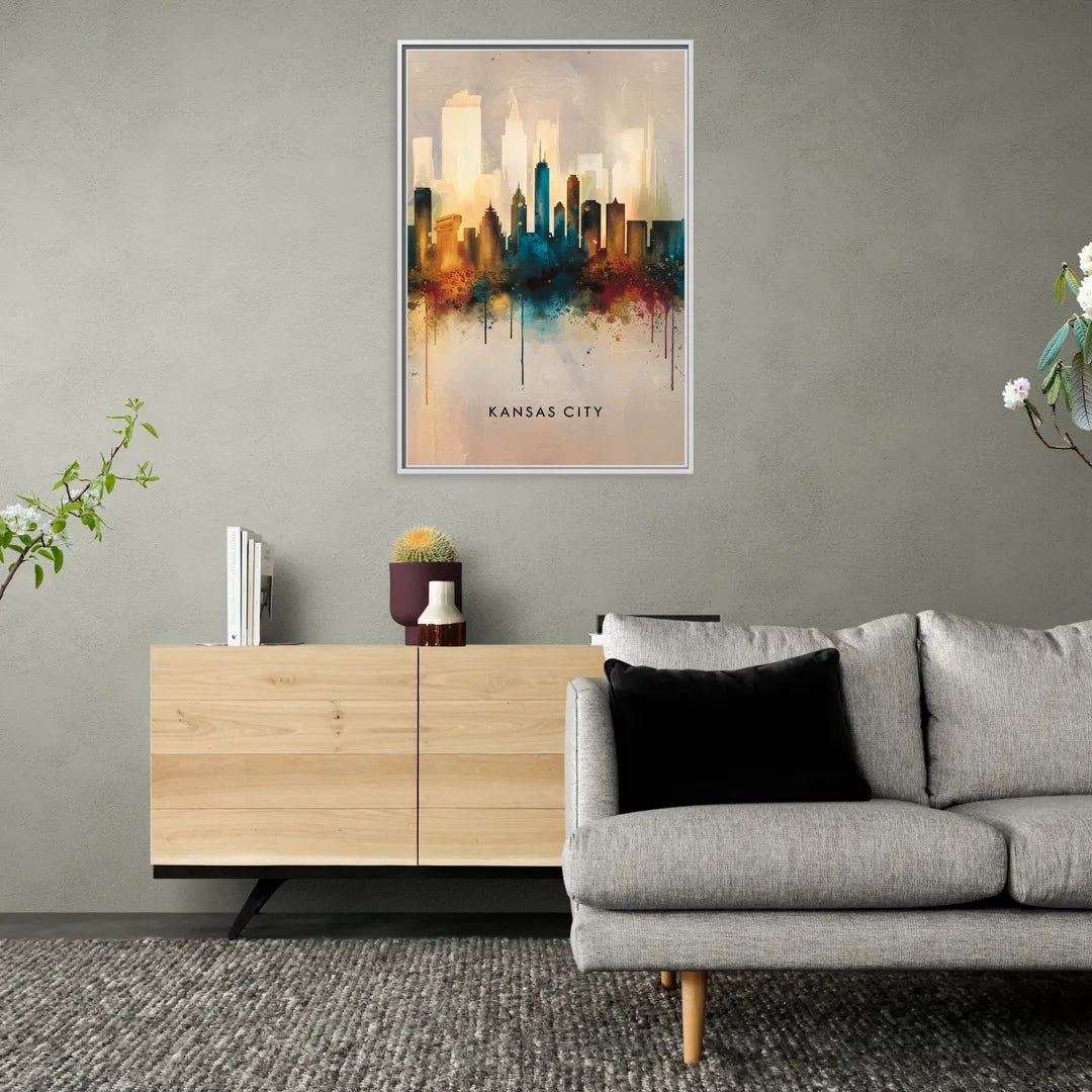 Kansas City Artistic Skyline - Living Room White Frame Canvas