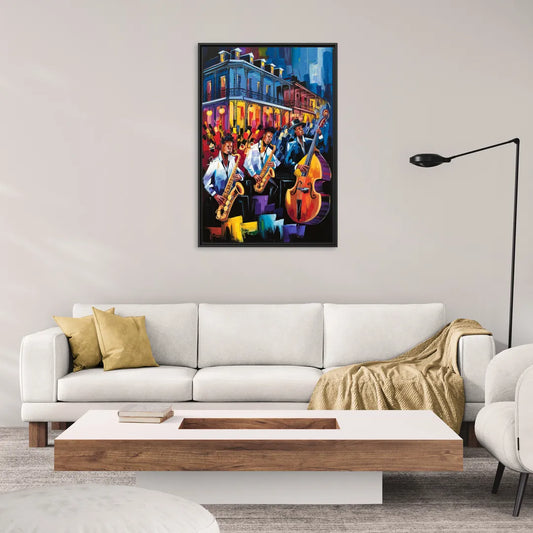 New Orleans Jazz Scene - Living Room Black Frame Canvas
