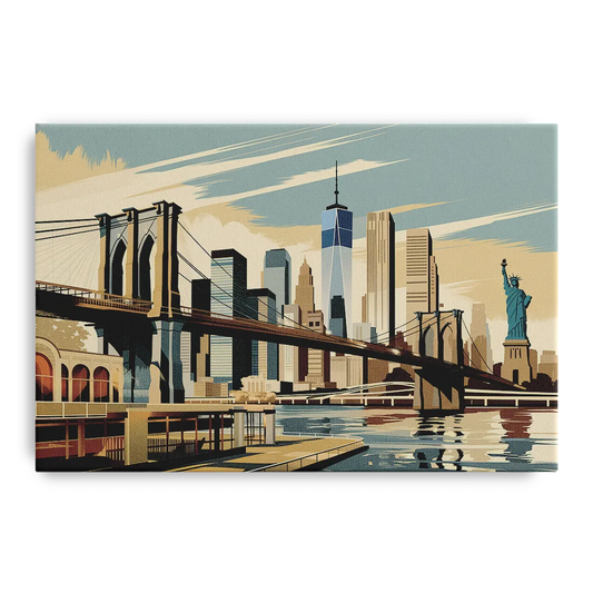 New York Brooklyn Bridge And Statue Of Liberty - Canvas Wall Art