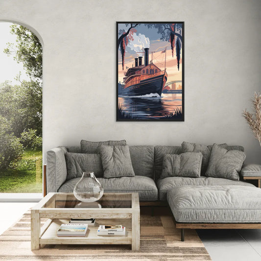 New Orleans Steamboat on the River - Living Room Black Frame Canvas