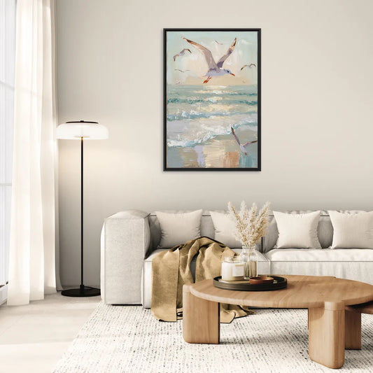 Galveston Seagulls in Flight - Living Room Black Frame Canvas