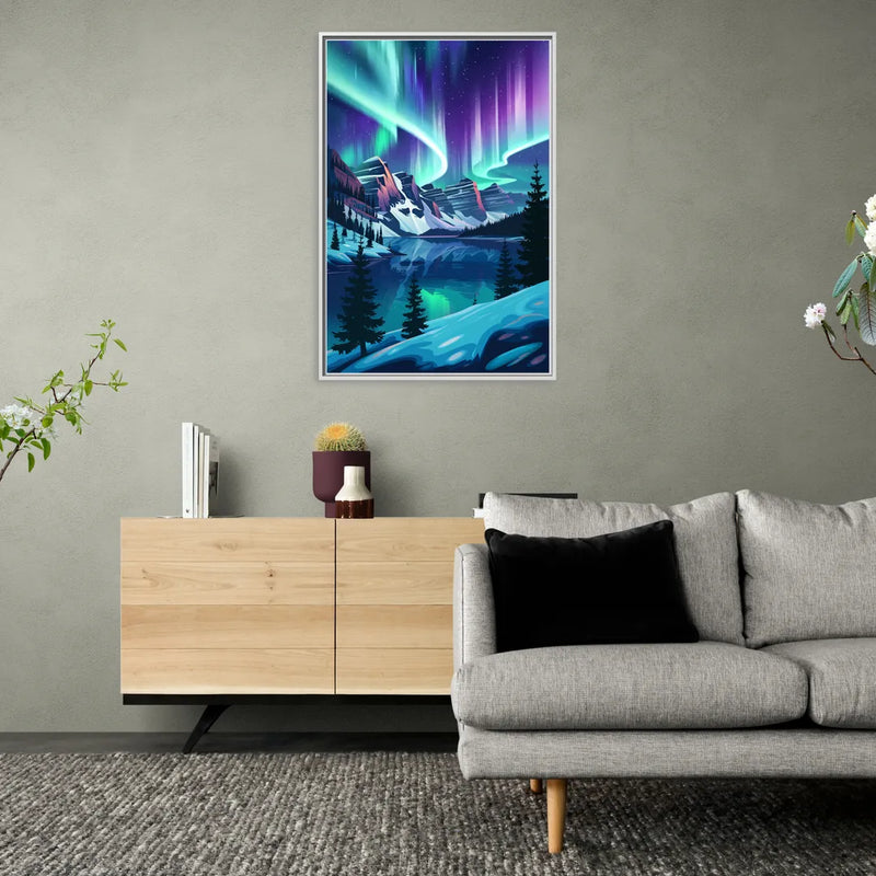 Aurora Night Horizon - Living Room White Frame Canvas