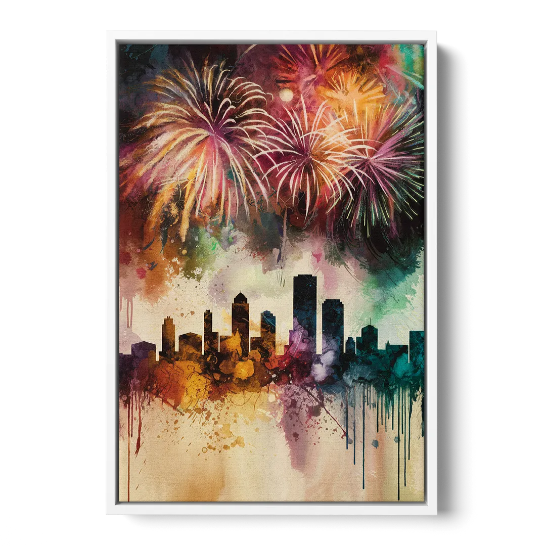 Buffalo Skyline with Fireworks - White Frame Canvas